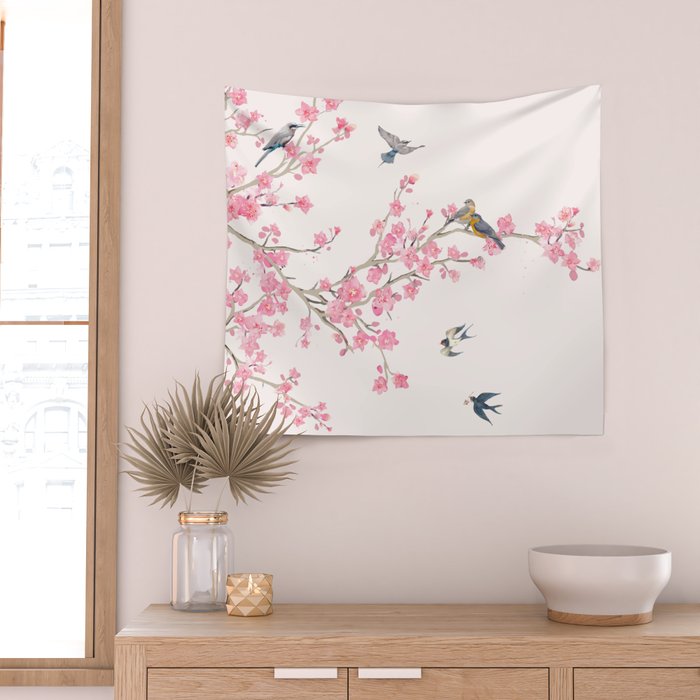 Birds and cherry blossoms Wall Tapestry Gallery Image 2