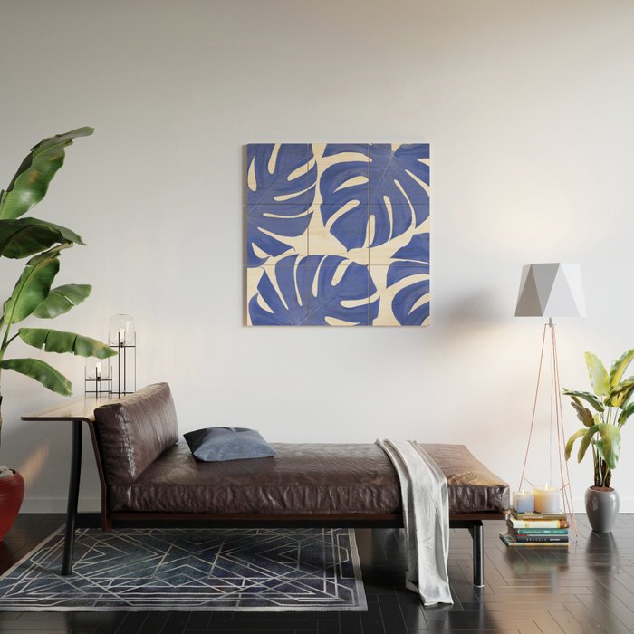 Blue Monstera Leaves White Background - Blue and White #decor #society6 #buyart Wood Wall Art Gallery Image 2