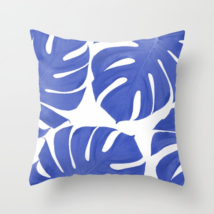 Blue Monstera Leaves White Background - Blue and White #decor #society6 #buyart Throw Pillow Gallery Image 6