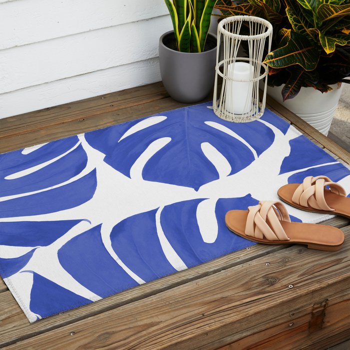 Blue Monstera Leaves White Background - Blue and White #decor #society6 #buyart Outdoor Rug Gallery Image 2