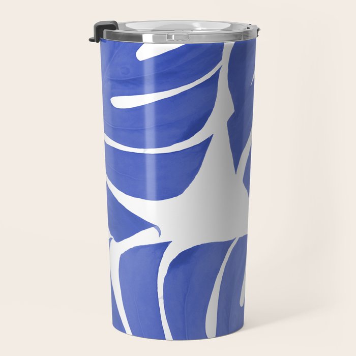 Blue Monstera Leaves White Background - Blue and White #decor #society6 #buyart Travel Mug Gallery Image 3