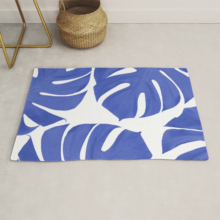 Blue Monstera Leaves White Background - Blue and White #decor #society6 #buyart Rug Gallery Image 1