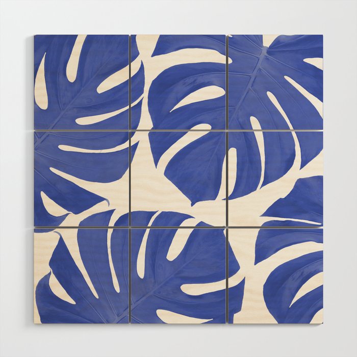 Blue Monstera Leaves White Background - Blue and White #decor #society6 #buyart Wood Wall Art Gallery Image 1