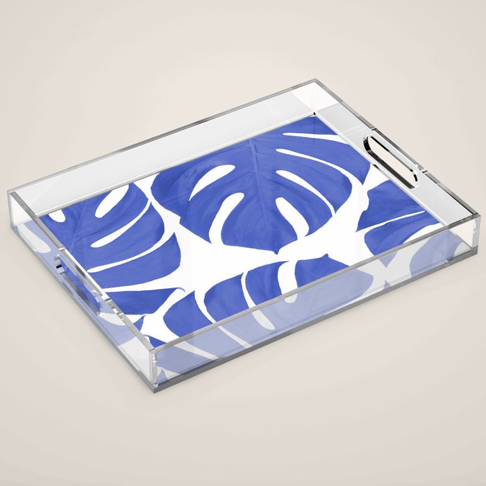 Blue Monstera Leaves White Background - Blue and White #decor #society6 #buyart Acrylic Tray Gallery Image 1