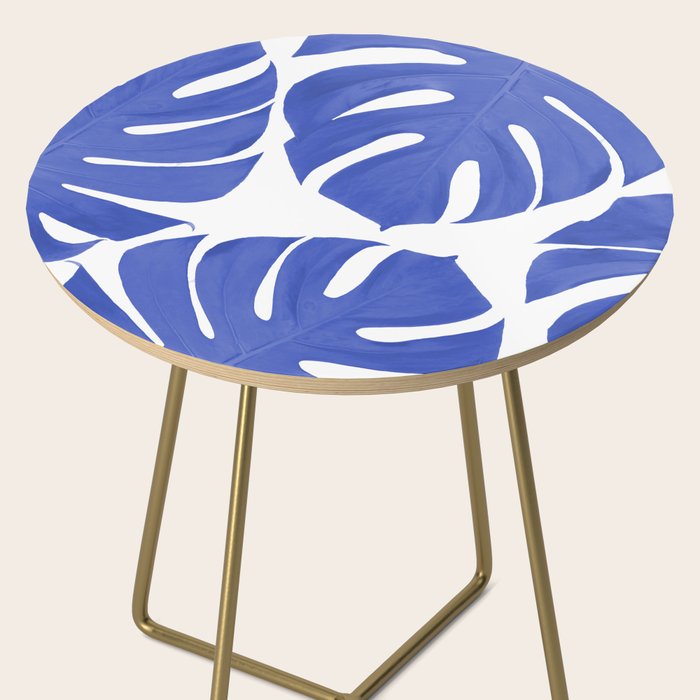 Blue Monstera Leaves White Background - Blue and White #decor #society6 #buyart Side Table Gallery Image 2