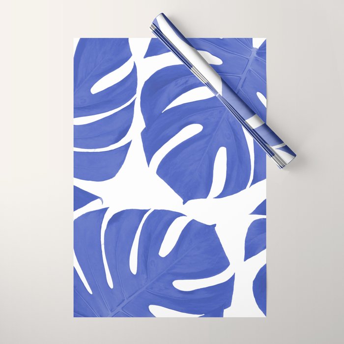 Blue Monstera Leaves White Background - Blue and White #decor #society6 #buyart Wrapping Paper Gallery Image 1