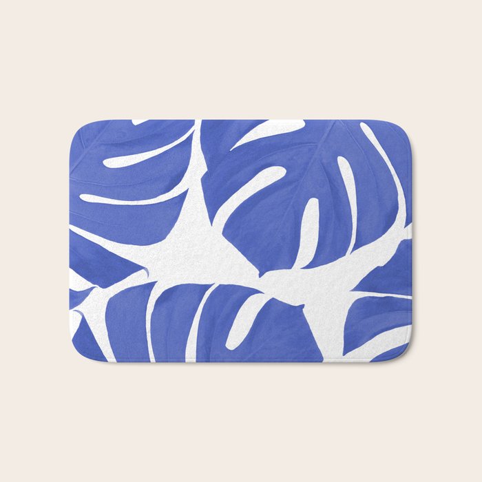 Blue Monstera Leaves White Background - Blue and White #decor #society6 #buyart Bath Mat Gallery Image 1