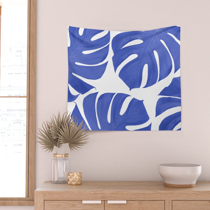 Blue Monstera Leaves White Background - Blue and White #decor #society6 #buyart Wall Tapestry Gallery Image 2