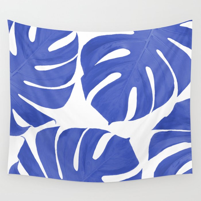 Blue Monstera Leaves White Background - Blue and White #decor #society6 #buyart Wall Tapestry Gallery Image 4