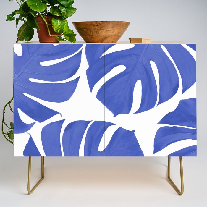 Blue Monstera Leaves White Background - Blue and White #decor #society6 #buyart Credenza Gallery Image 1