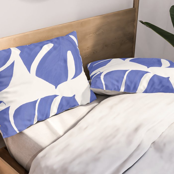Blue Monstera Leaves White Background - Blue and White #decor #society6 #buyart Pillow Sham Gallery Image 2