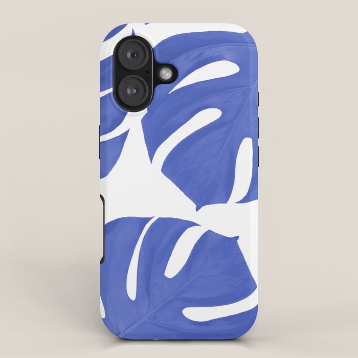 Blue Monstera Leaves White Background - Blue and White #decor #society6 #buyart iPhone Case Gallery Image 1