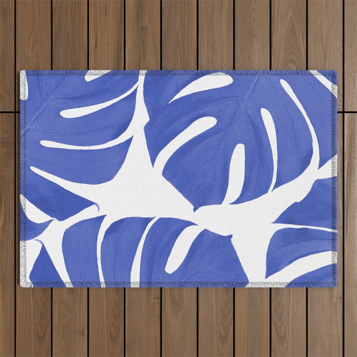 Blue Monstera Leaves White Background - Blue and White #decor #society6 #buyart Outdoor Rug Gallery Image 1