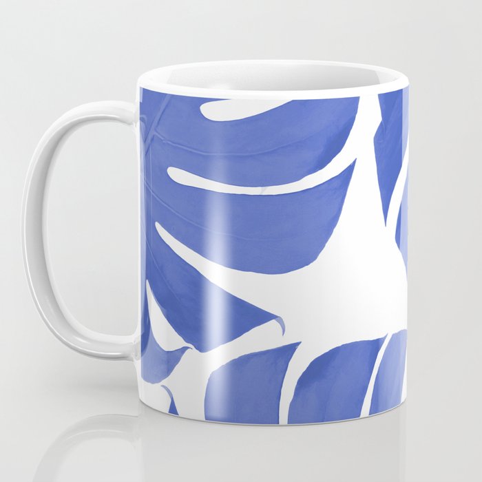 Blue Monstera Leaves White Background - Blue and White #decor #society6 #buyart Coffee Mug Gallery Image 3