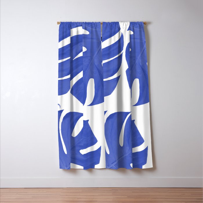 Blue Monstera Leaves White Background - Blue and White #decor #society6 #buyart Window Curtain Gallery Image 3