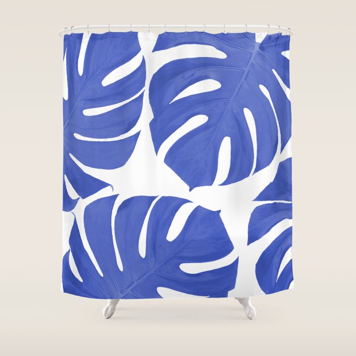 Blue Monstera Leaves White Background - Blue and White #decor #society6 #buyart Shower Curtain Gallery Image 1
