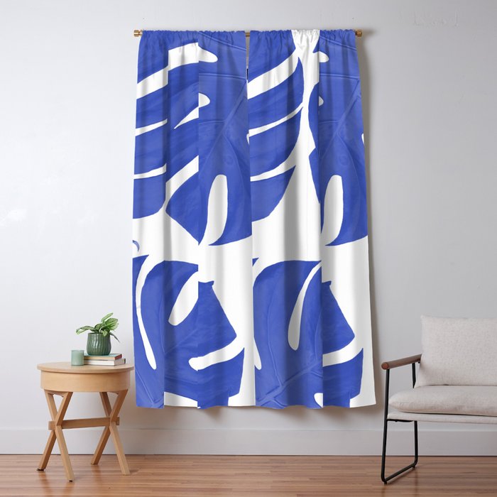 Blue Monstera Leaves White Background - Blue and White #decor #society6 #buyart Window Curtain Gallery Image 5