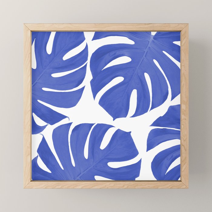 Blue Monstera Leaves White Background - Blue and White #decor #society6 #buyart Mini Art Print Gallery Image 1