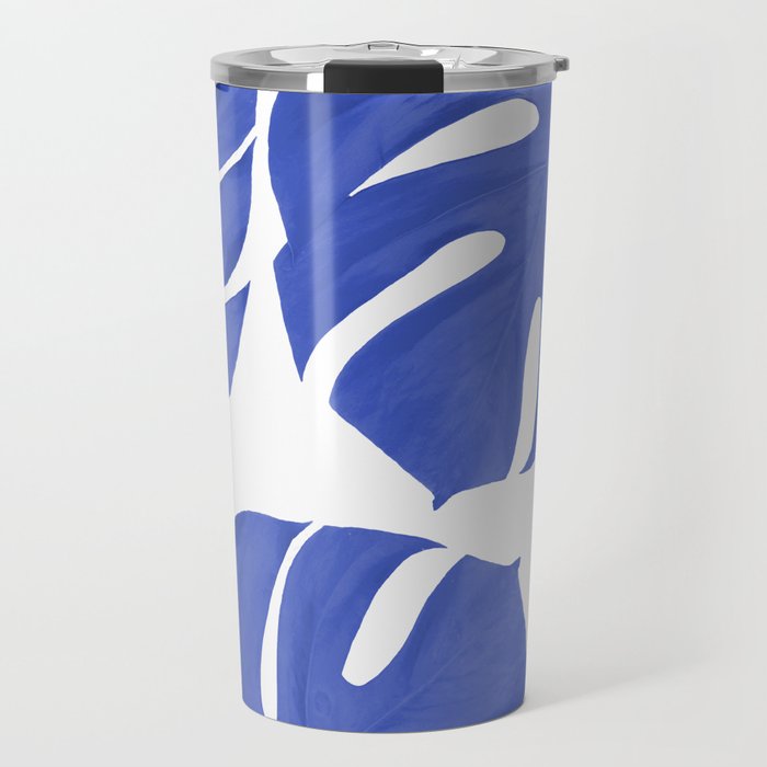 Blue Monstera Leaves White Background - Blue and White #decor #society6 #buyart Travel Mug Gallery Image 1