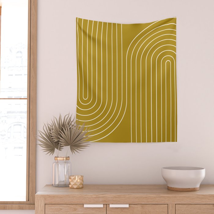 Minimal Line Curvature LXXVIII Golden Chartreuse Mid Century Modern Arch Abstract Wall Tapestry Gallery Image 2