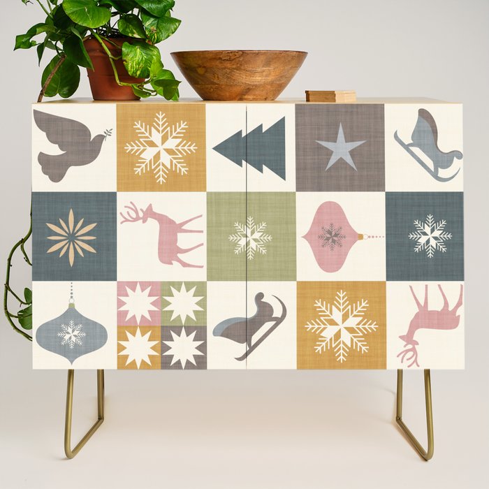 Retro Ditsy Holiday Icon Chequered Pattern - Earthy country style  Credenza Gallery Image 1