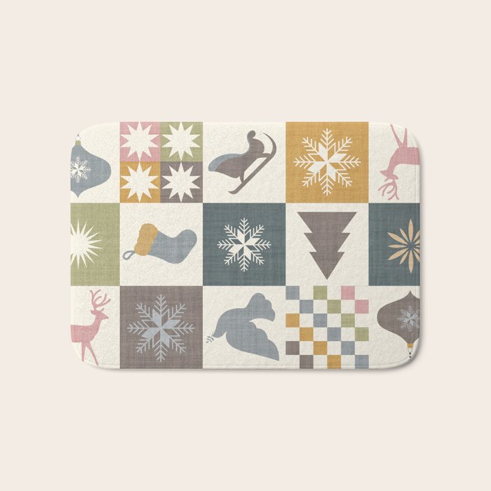 Retro Ditsy Holiday Icon Chequered Pattern - Earthy country style  Bath Mat Gallery Image 1