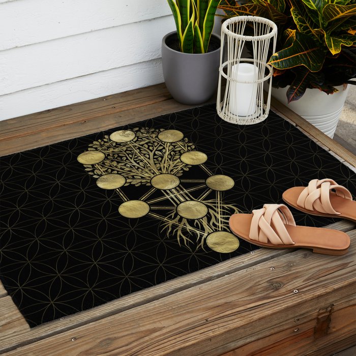 Kabbalah The Tree of Life Gold on Black N2 Outdoor Rug Gallery Image 2