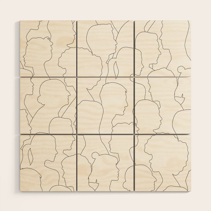 Black and white diverse people crowd pattern Wood Wall Art Gallery Image 1
