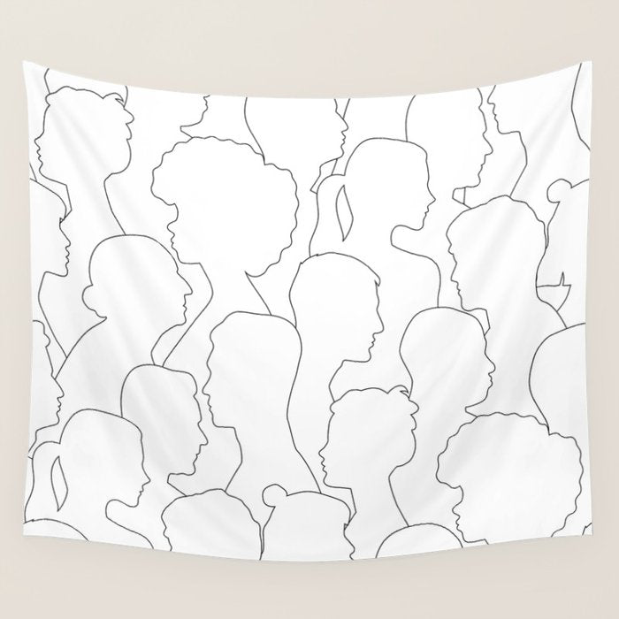 Black and white diverse people crowd pattern Wall Tapestry Gallery Image 1
