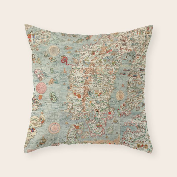 Carta marina (Marine Map) by Olaus Magnus, 1539 Throw Pillow Gallery Image 1