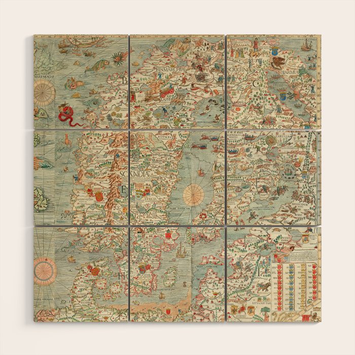 Carta marina (Marine Map) by Olaus Magnus, 1539 Wood Wall Art Gallery Image 1