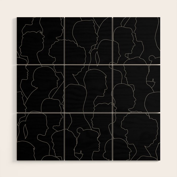 Black and white diverse people crowd pattern Wood Wall Art Gallery Image 1