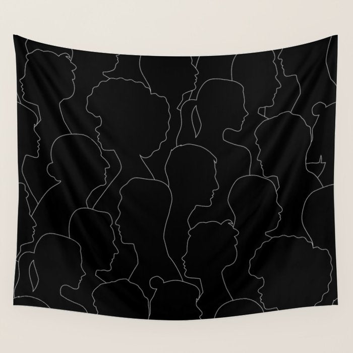 Black and white diverse people crowd pattern Wall Tapestry Gallery Image 4