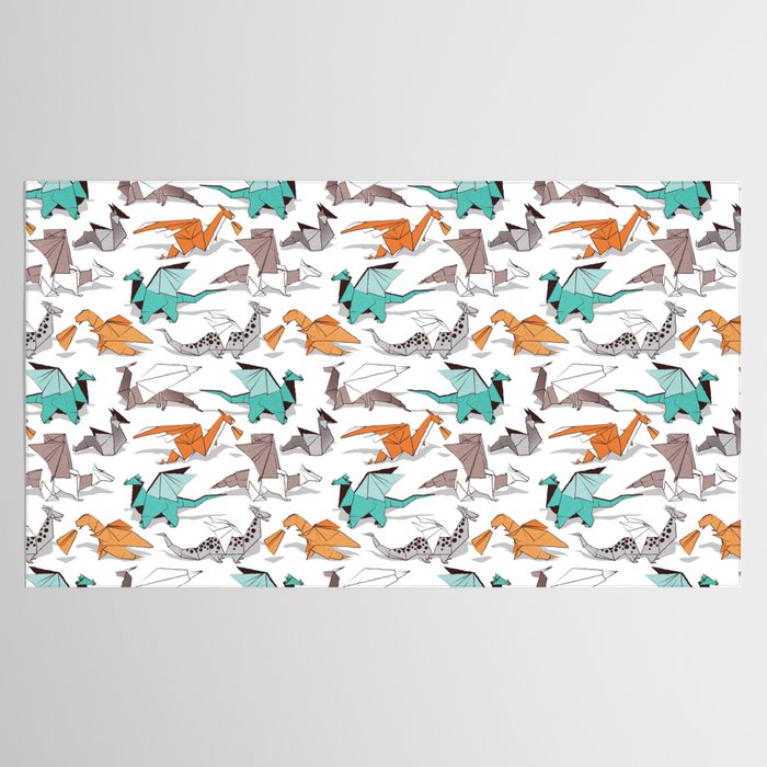 Origami dragon friends // white background aqua orange grey and taupe fantastic creatures Tablecloth Gallery Image 2