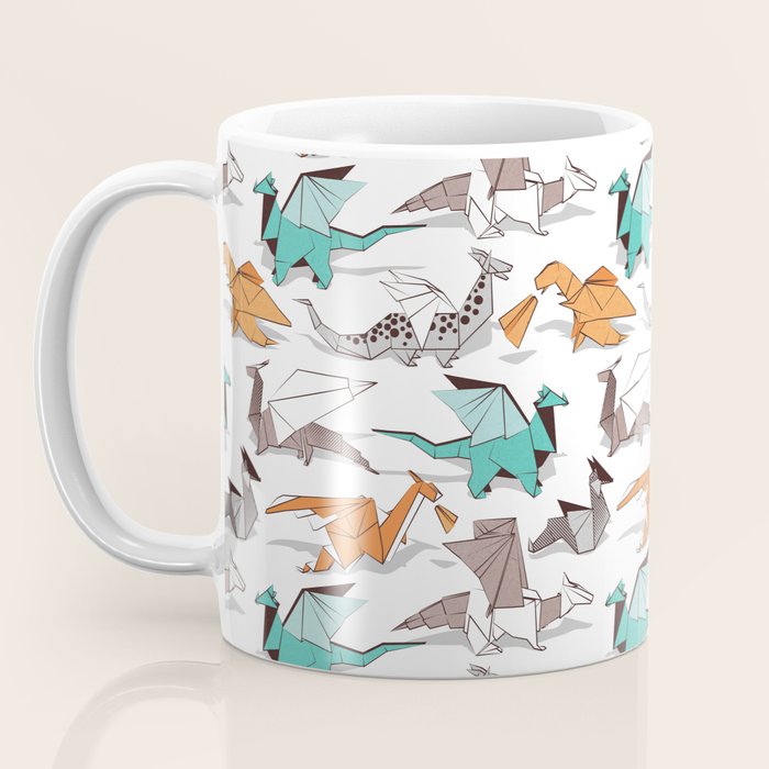Origami dragon friends // white background aqua orange grey and taupe fantastic creatures Coffee Mug Gallery Image 3