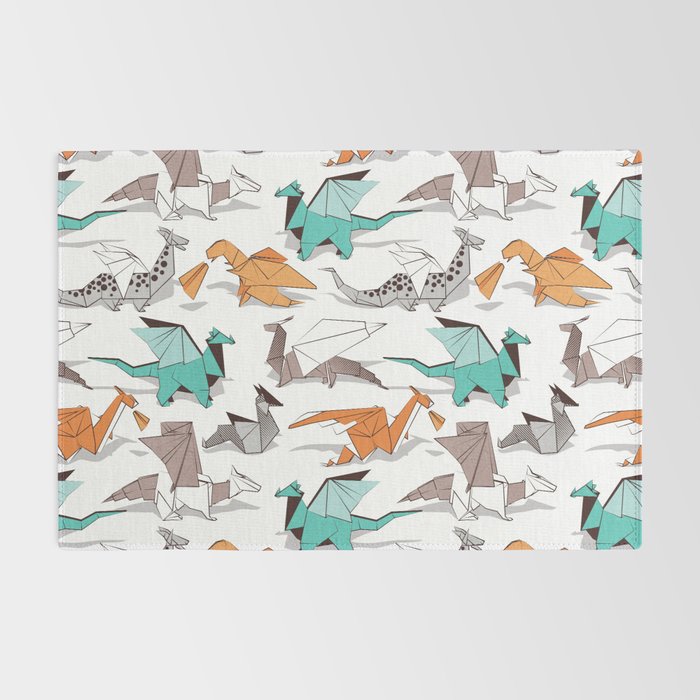 Origami dragon friends // white background aqua orange grey and taupe fantastic creatures Rug Gallery Image 2