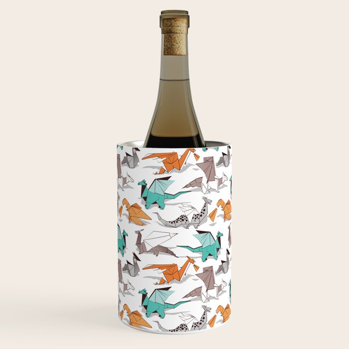 Origami dragon friends // white background aqua orange grey and taupe fantastic creatures Wine Chiller Gallery Image 2