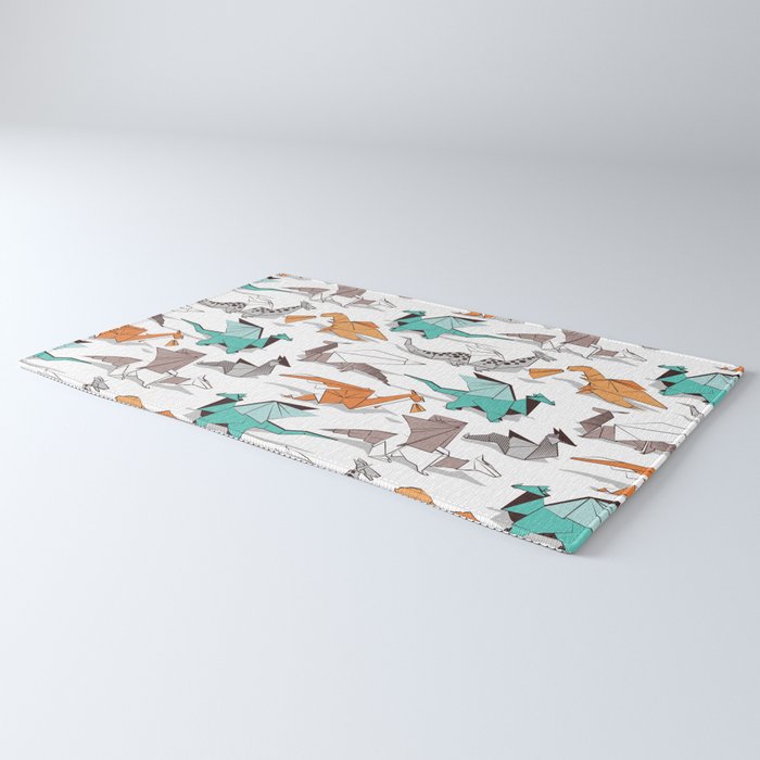 Origami dragon friends // white background aqua orange grey and taupe fantastic creatures Rug Gallery Image 3