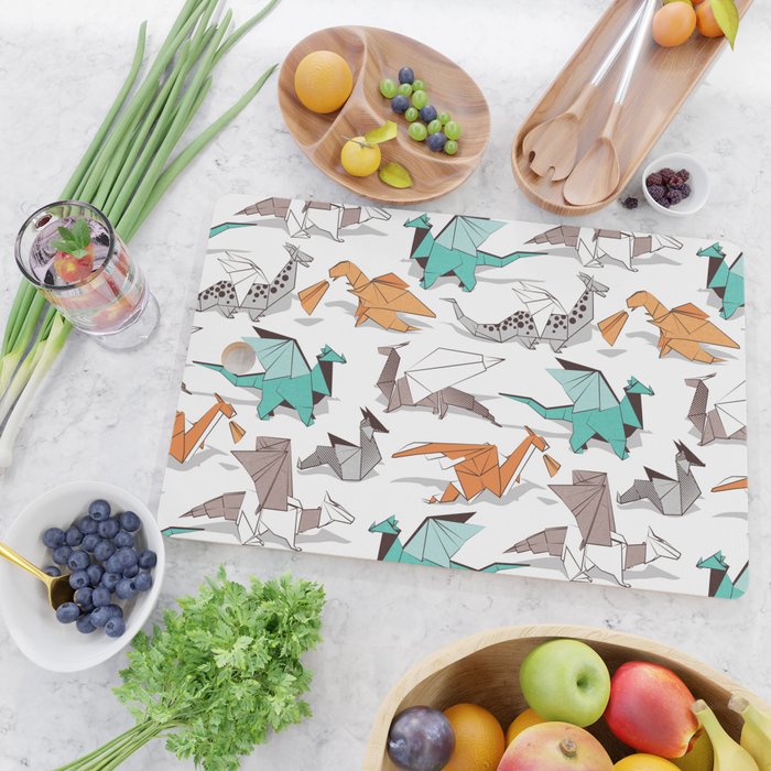 Origami dragon friends // white background aqua orange grey and taupe fantastic creatures Cutting Board Gallery Image 2
