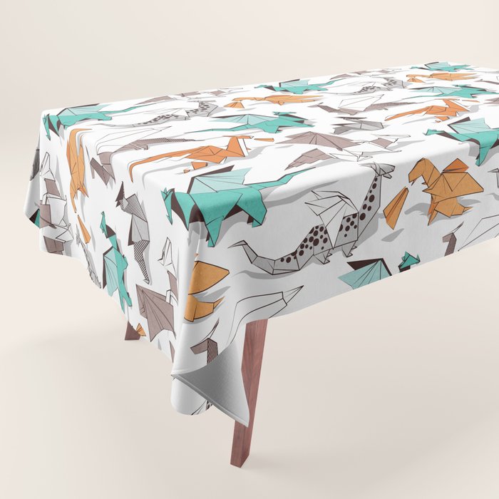 Origami dragon friends // white background aqua orange grey and taupe fantastic creatures Tablecloth Gallery Image 1