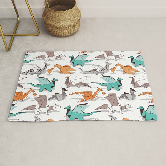Origami dragon friends // white background aqua orange grey and taupe fantastic creatures Rug Gallery Image 1
