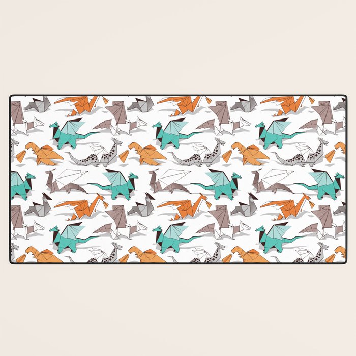 Origami dragon friends // white background aqua orange grey and taupe fantastic creatures Desk Mat Gallery Image 3