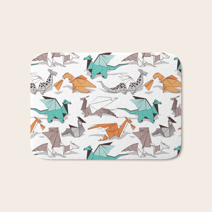 Origami dragon friends // white background aqua orange grey and taupe fantastic creatures Bath Mat Gallery Image 1