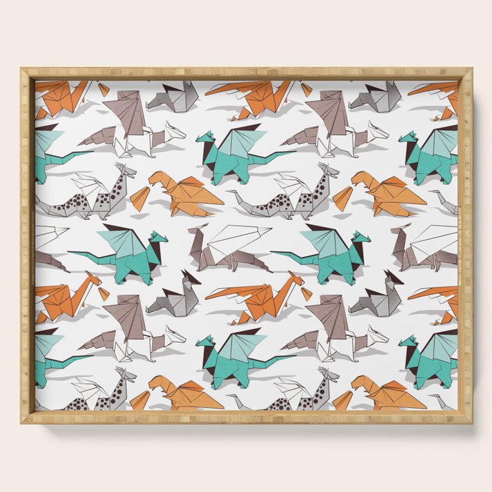 Origami dragon friends // white background aqua orange grey and taupe fantastic creatures Serving Tray Gallery Image 1