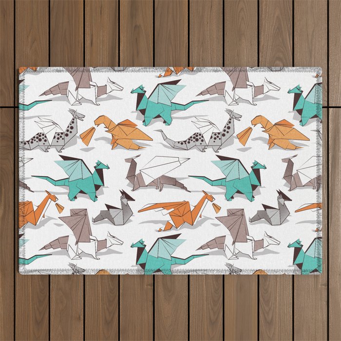 Origami dragon friends // white background aqua orange grey and taupe fantastic creatures Outdoor Rug Gallery Image 1