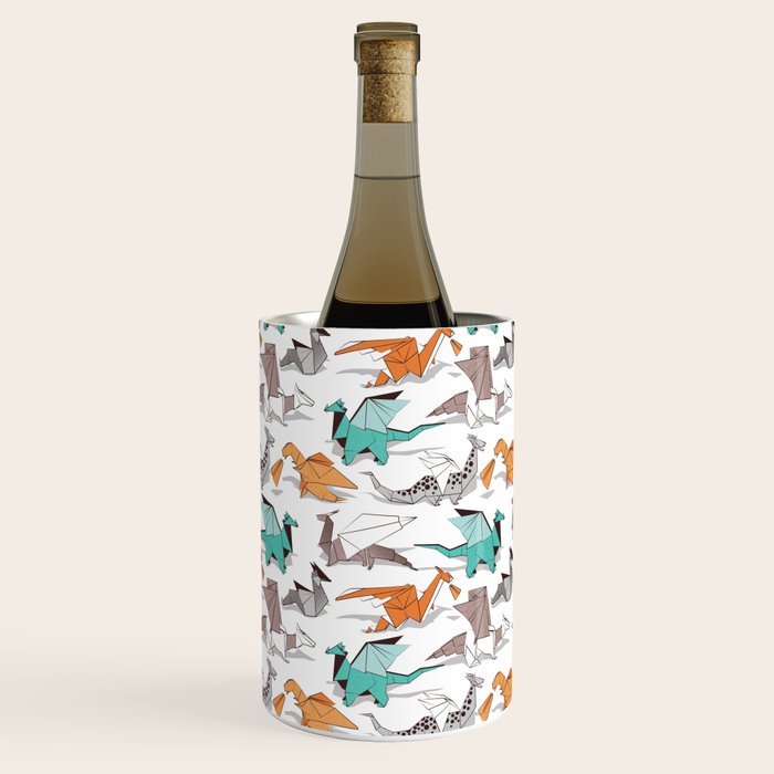 Origami dragon friends // white background aqua orange grey and taupe fantastic creatures Wine Chiller Gallery Image 1