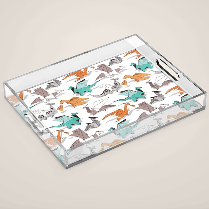 Origami dragon friends // white background aqua orange grey and taupe fantastic creatures Acrylic Tray Gallery Image 1