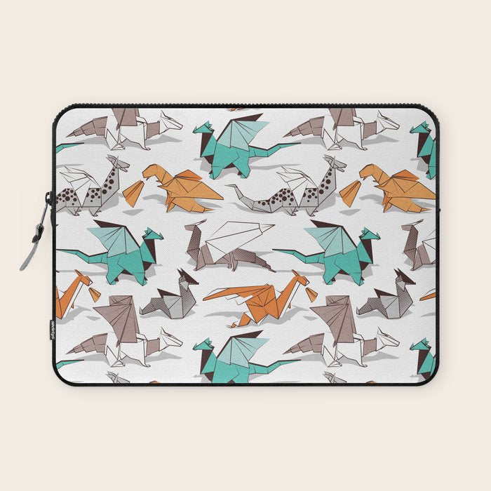 Origami dragon friends // white background aqua orange grey and taupe fantastic creatures Laptop Sleeve Gallery Image 1