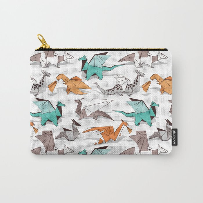 Origami dragon friends // white background aqua orange grey and taupe fantastic creatures Carry All Pouch Gallery Image 1