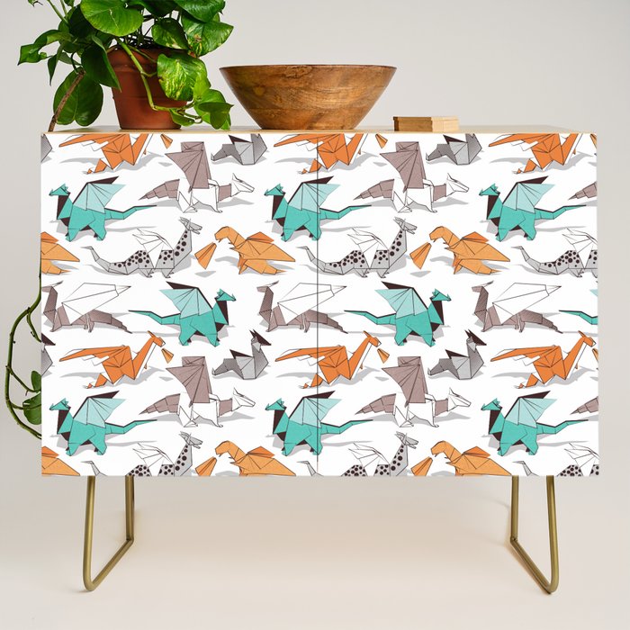 Origami dragon friends // white background aqua orange grey and taupe fantastic creatures Credenza Gallery Image 1